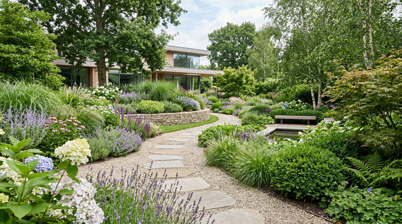 Lepo urejen vrt z naravnimi linijami